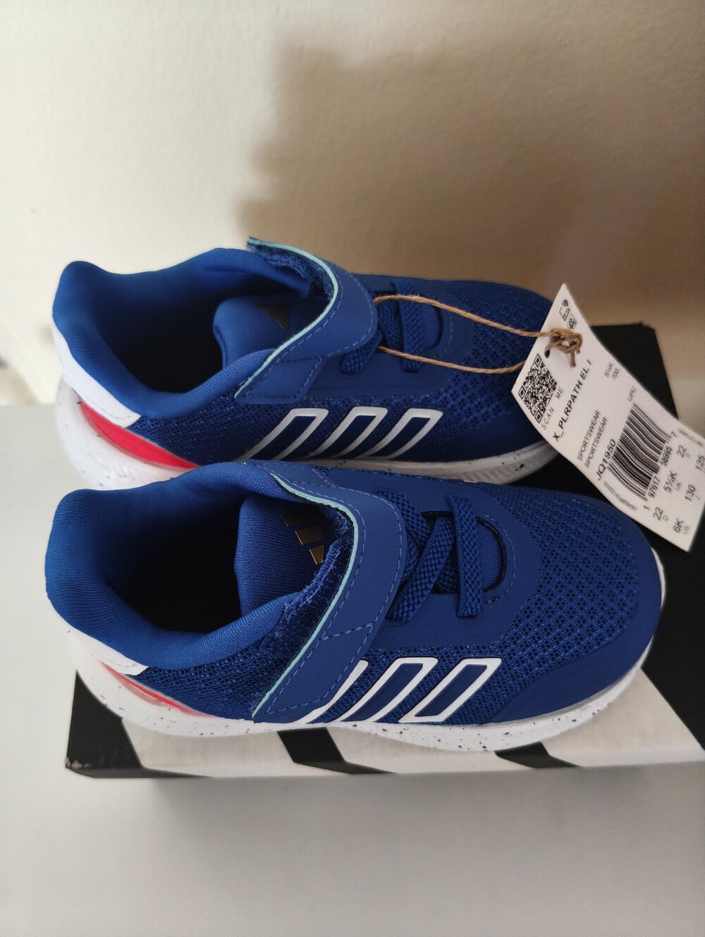 adidas Blue Kids Athletic Sneakers with White Stripes and Red Heel Accent